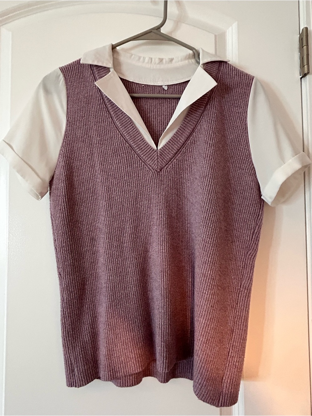 Mauve Ribbed V-Neck Sweater Vest with White Collar